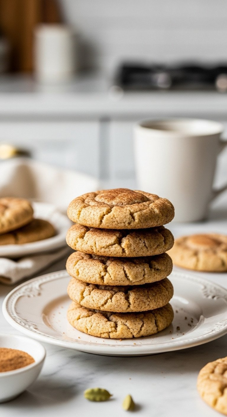 A Stack Of Chewy Brown Butter Cardamom Snickerdoodles With Crackly Cinnamon-Sugar Tops On A Vintage Ceramic Plate.