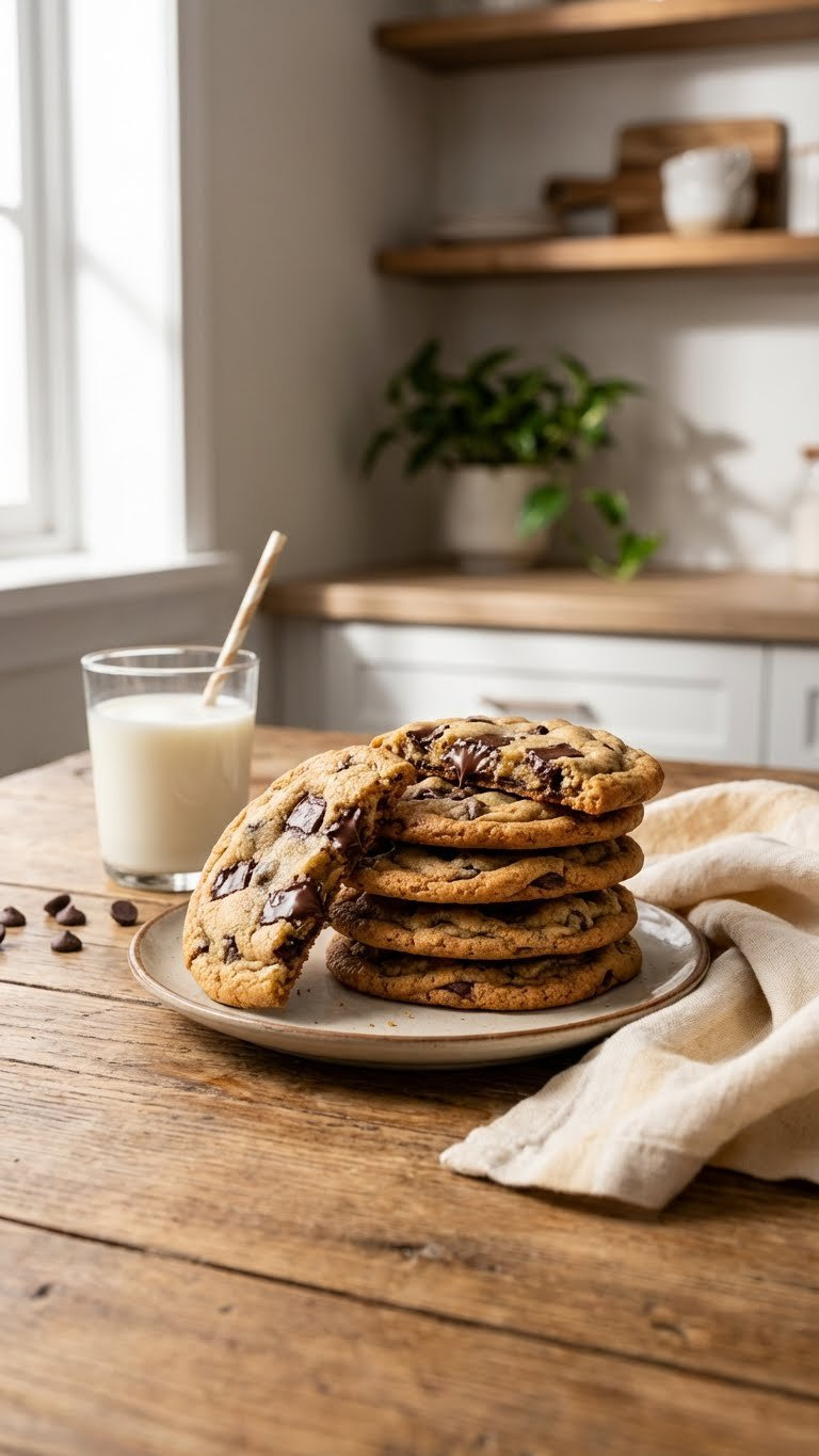 A Stack Of Golden-Brown Soft-Baked Chocolate Chip Cookies With Molten Chocolate, Crisp Edges, And A Chewy Interior, Served On A Rustic Table With Milk.