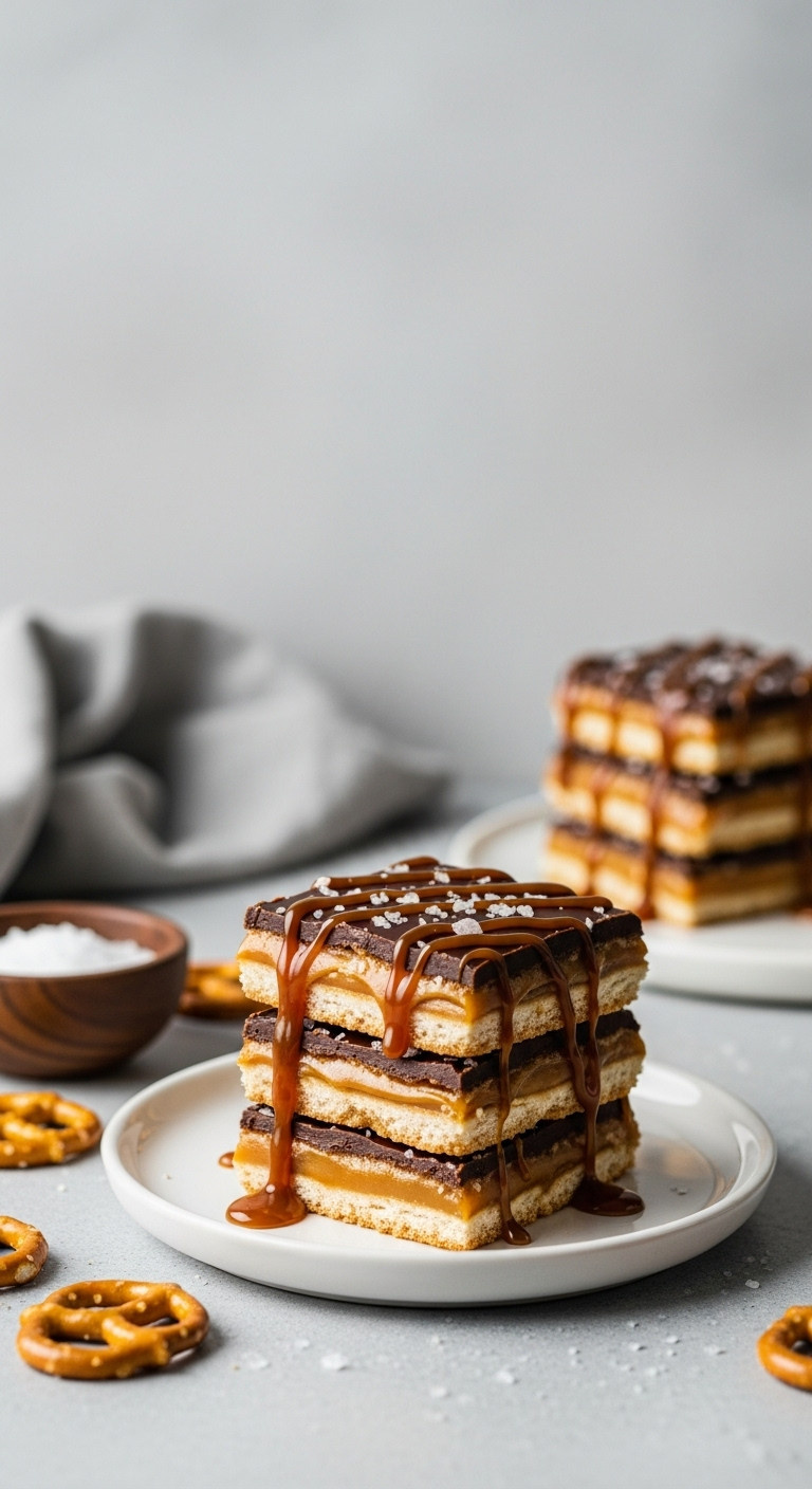 A Stack Of Layered Salted Caramel Pretzel Bars With A Pretzel Crust, Chewy Caramel Center, And Chocolate Top With Sea Salt.