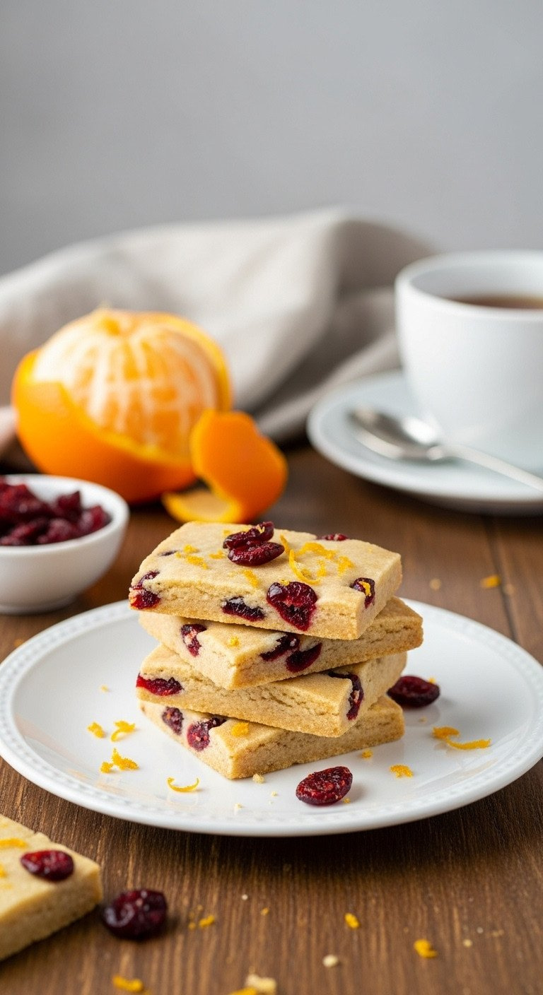 A Stack Of Nut-Free Cranberry Orange Shortbread Cookies Studded With Cranberries And Zest On A Simple White Plate.