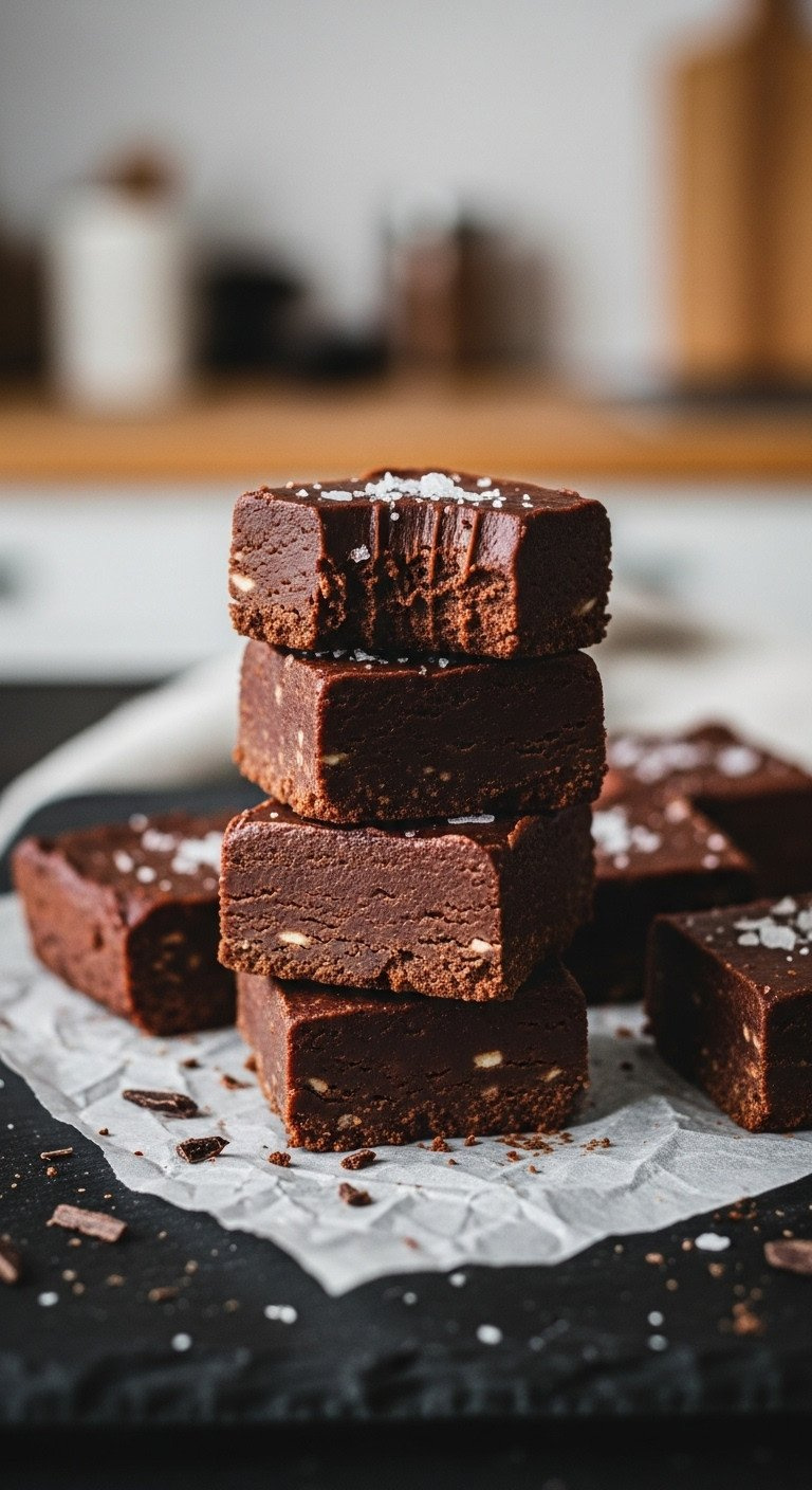 A Stack Of Rich Vegan Chocolate Fudge Squares With Flaky Sea Salt On Parchment Paper, With A Bite Taken Out Of One Piece.