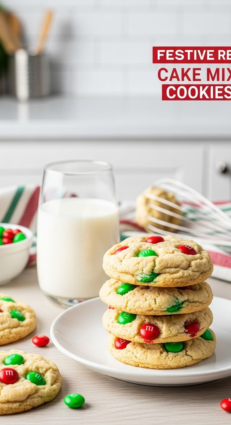 A Stack Of Soft M&Amp;M's Cake Mix Cookies With Red And Green Candies, Sitting On A White Plate Next To A Glass Of Milk.