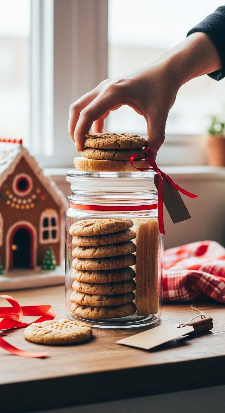 A Stack Of Soft Peanut Butter Cookies Stored In A Glass Container With A Slice Of Bread To Maintain Freshness.