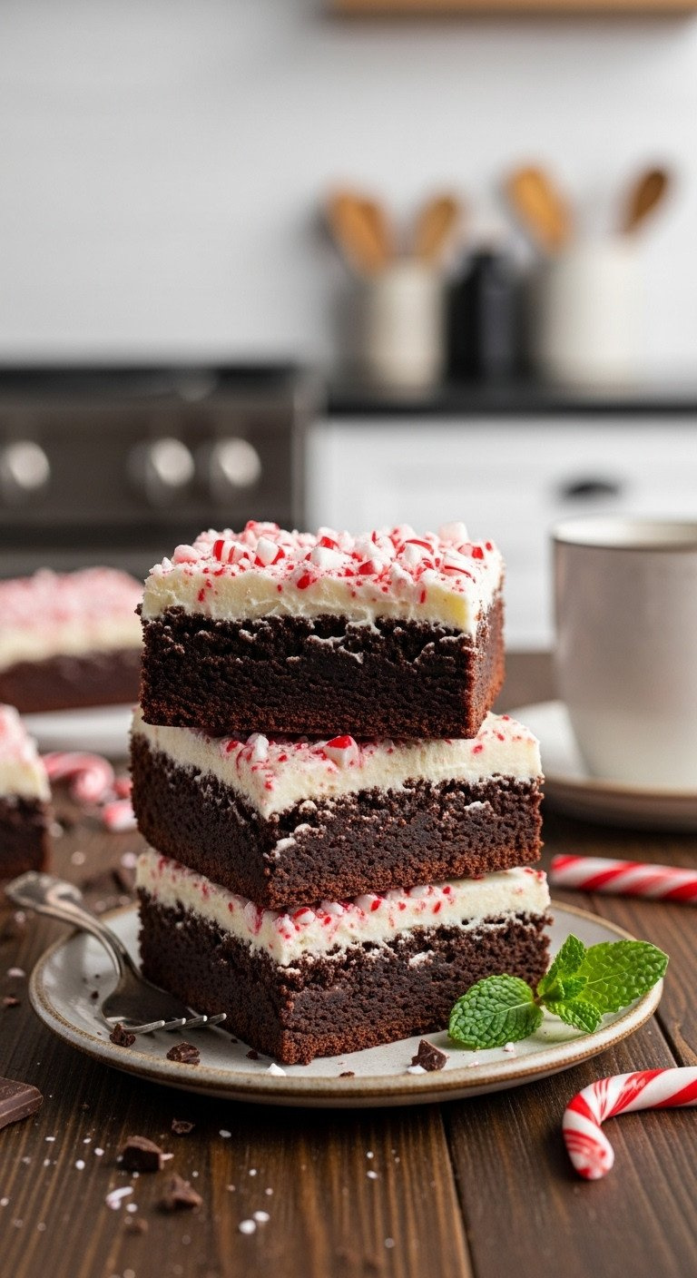 A Stack Of Three Fudgy Peppermint Mocha Brownies With White Peppermint Frosting And Crushed Candy Canes On A Plate.