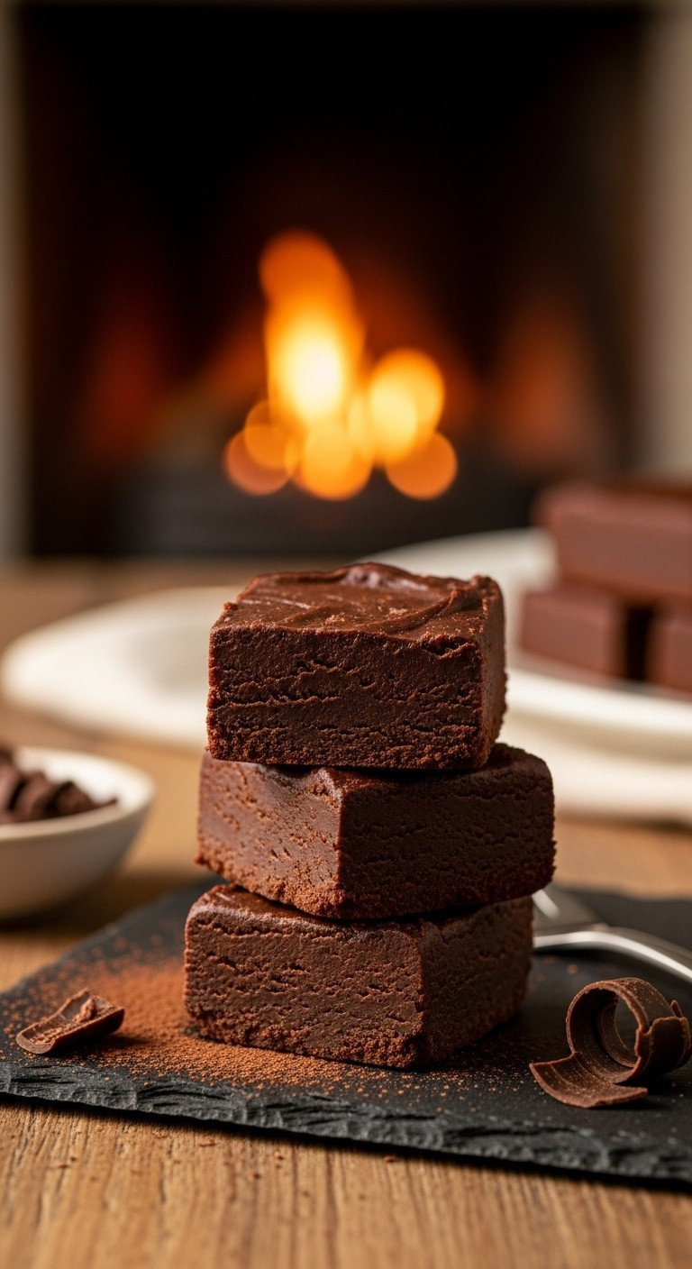 A Stack Of Three Rich, Nut-Free Dark Chocolate Fudge Squares Dusted With Cocoa Powder On A Dark Slate Board.