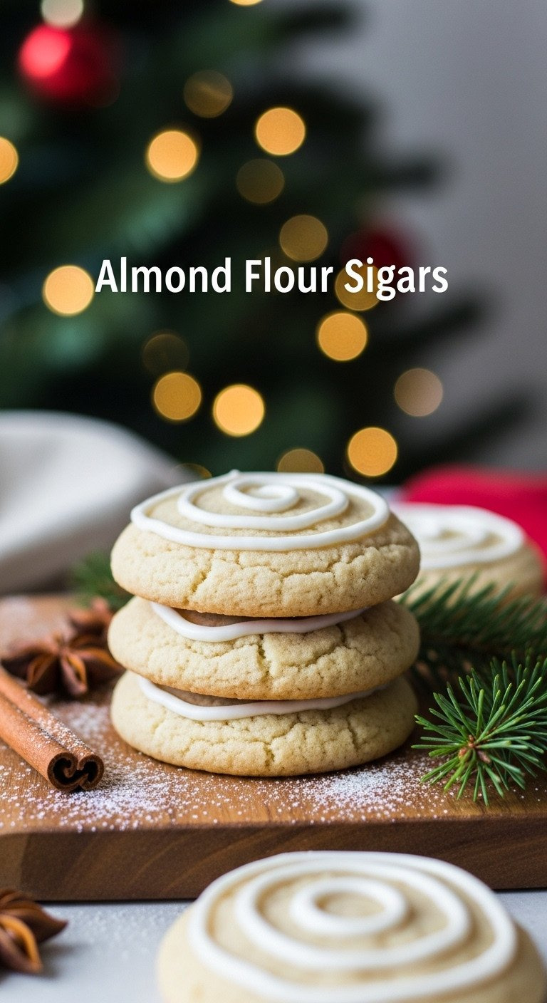 A Stack Of Three Soft Almond Flour Sugar Cookies With White Icing Swirls On A Rustic Board With Festive Christmas Decor.