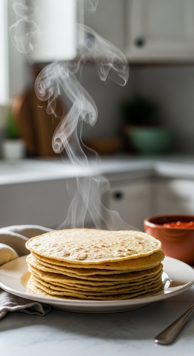 A Stack Of Warm Corn Tortillas Steams On A Vintage Ceramic Plate In A Soft Focused Kitchen.