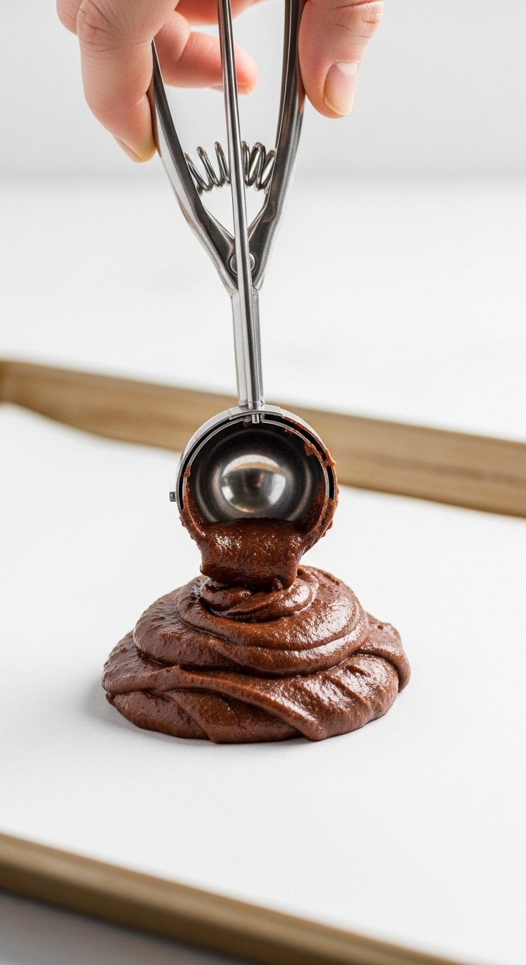 A Stainless Steel Scoop Releases Glossy Brownie Batter Onto A Parchment-Lined Baking Sheet.