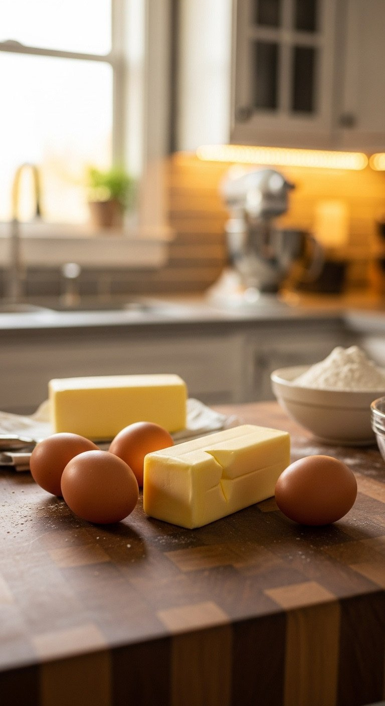 A Stick Of Softened Room-Temperature Butter And Several Brown Eggs On A Rustic Wood Butcher Block, Ready For Baking.