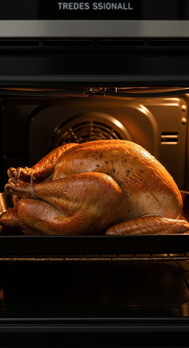 A Succulent Turkey With Golden-Brown, Sizzling Skin Seen Roasting In A Pan Through The Oven Door Midway Through Cooking.