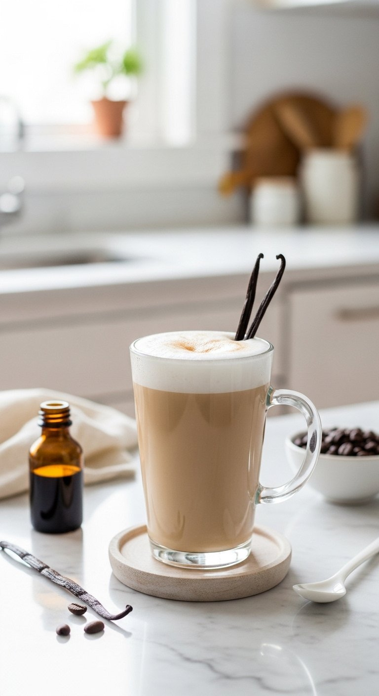 A Tall Clear Glass Mug Of Light Brown Vanilla Latte With White Microfoam And A Vanilla Bean Pod Garnish.