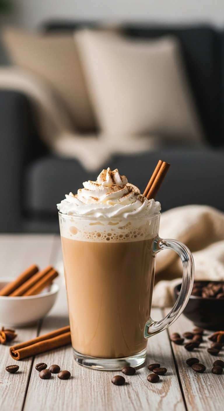 A Tall Clear Glass Mug Of Warm Cinnamon Dolce Latte Topped With Fluffy Whipped Cream And A Sprinkle Of Cinnamon Sugar.