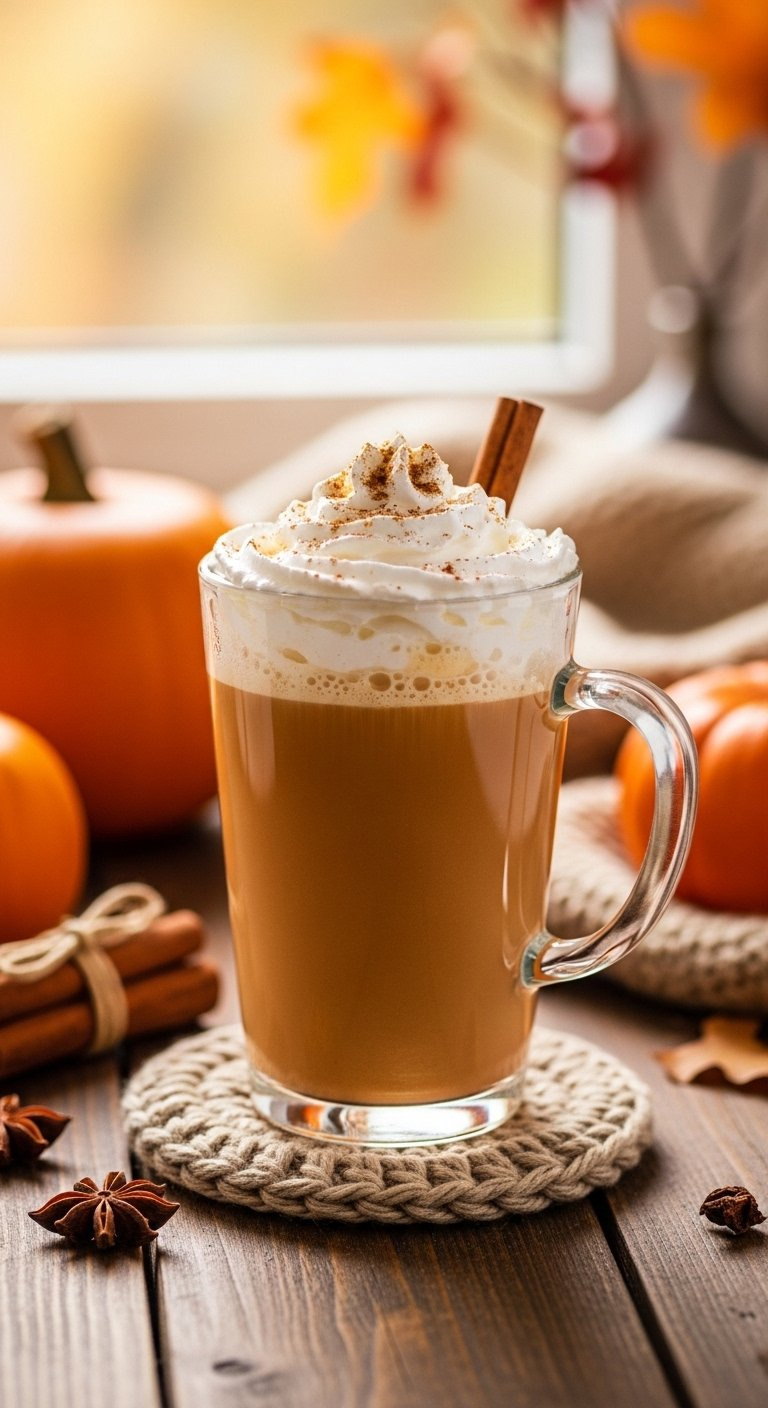 A Tall Glass Mug Of Homemade Pumpkin Spice Latte Topped With Fluffy Whipped Cream And Spices On A Rustic Wooden Table.