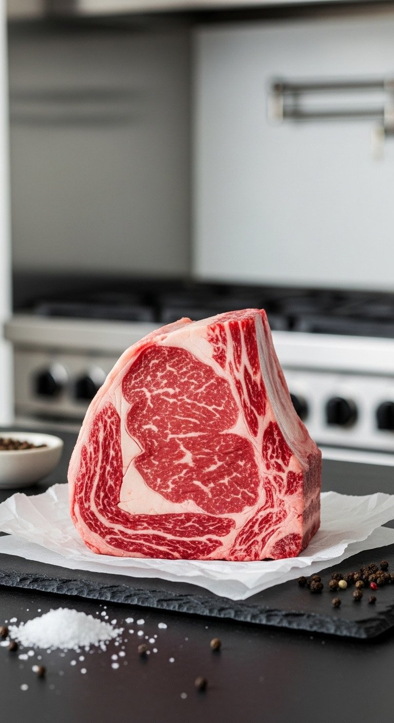 A Thick-Cut, Marbled Raw Usda Prime Ribeye Steak On Butcher Paper With Salt And Peppercorns, Ready For A Recipe.