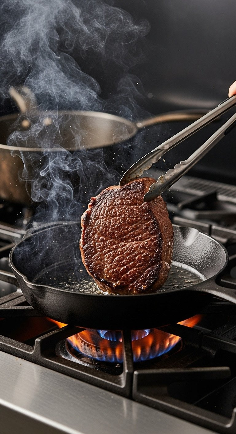 A Thick-Cut Steak Sizzles In A Smoking Hot Black Cast Iron Skillet, Getting A Deep Brown Sear For A Steak Recipe.