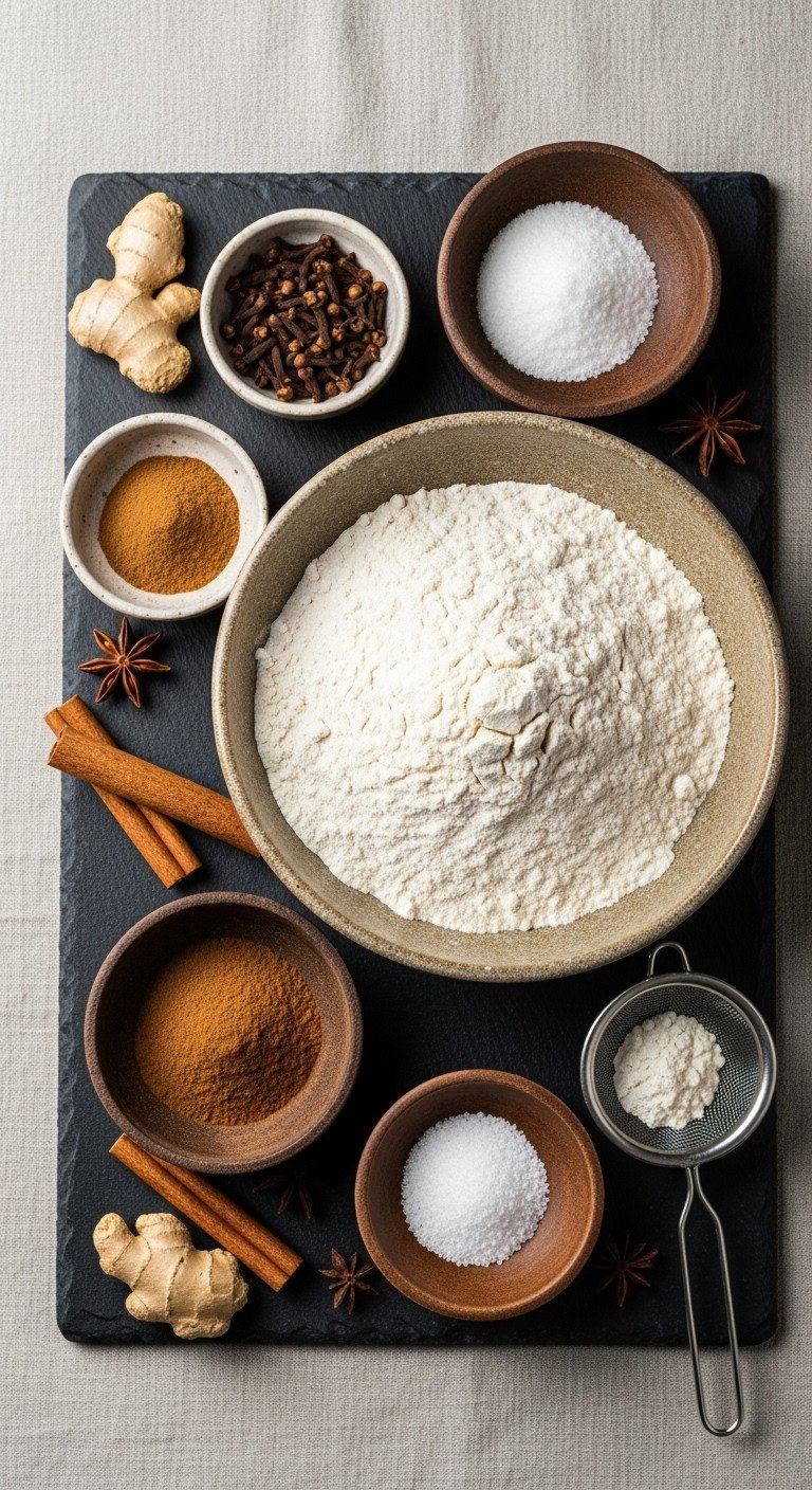 A Top-Down Flat Lay Of Gingerbread Cookie Dry Ingredients: Flour, Ginger, Cinnamon, And Cloves In Bowls On A Slate Surface.