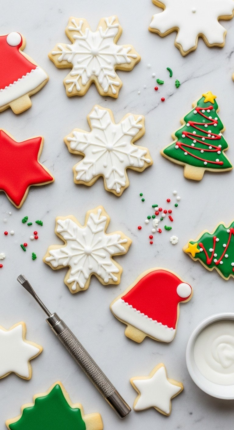 A Top-Down Flat Lay Of Gluten-Free Christmas Sugar Cookies Decorated With Red And Green Royal Icing On A Marble Surface.
