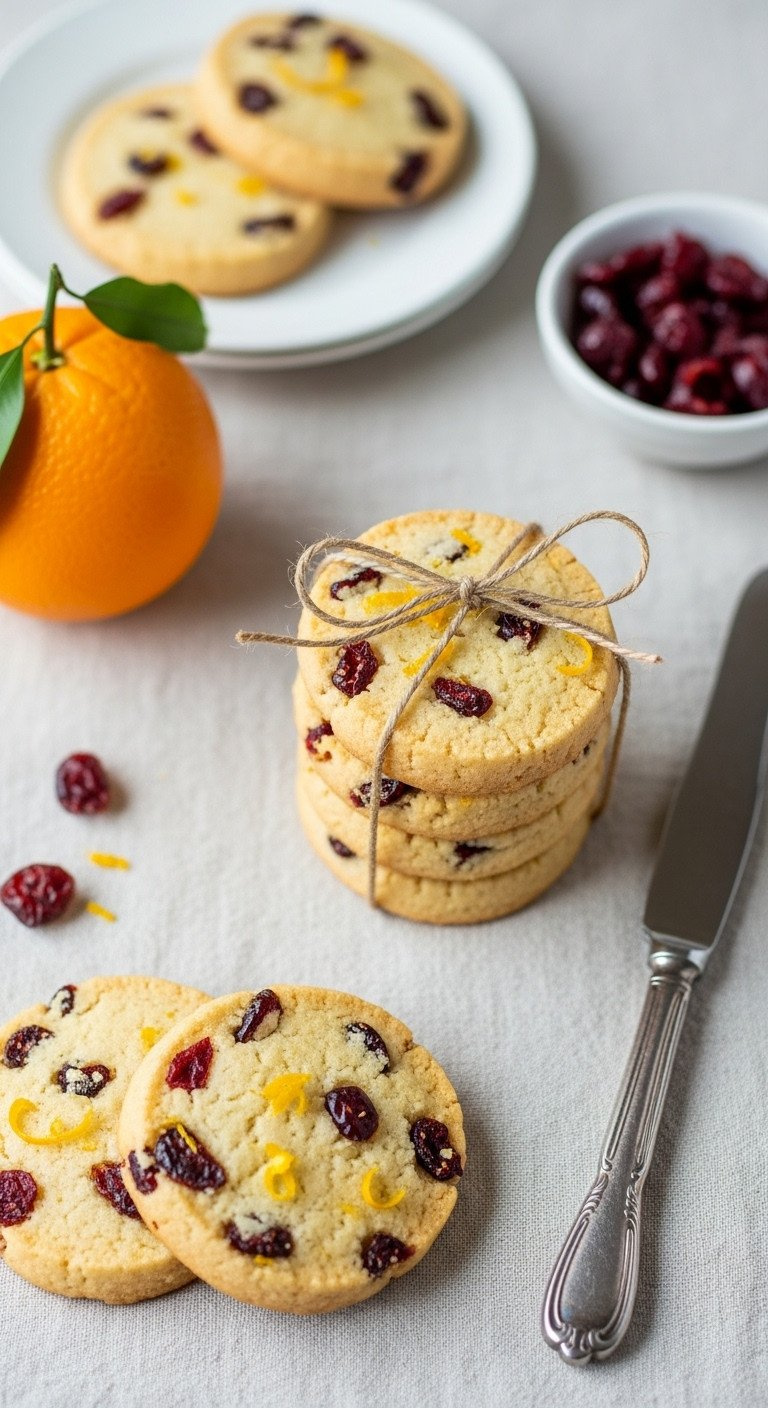 A Top-Down Flat Lay Of Stacked Cranberry Orange Shortbread Cookies Tied With Twine On A Rustic Linen Tablecloth.