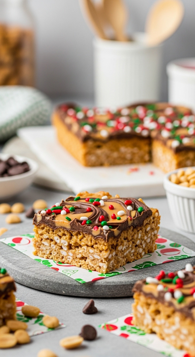 A Top-Down View Of A Christmas Scotcheroo Bar With A Chocolate And Butterscotch Swirl Topping And Festive Sprinkles.