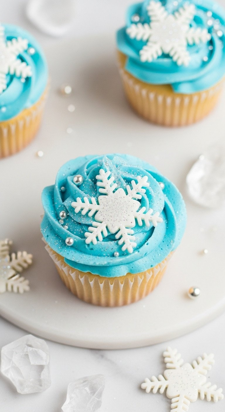 A Top-Down View Of An Elegant Snowflake Cupcake With Light Blue Frosting And Intricate White Piped Snowflakes.