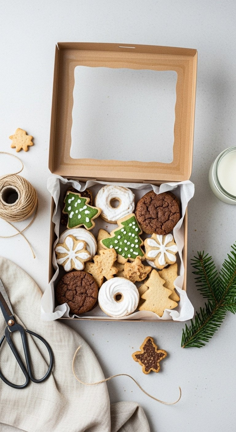 A Top-Down View Of An Open Kraft Paper Gift Box Filled With An Assortment Of Homemade Christmas Cookies.