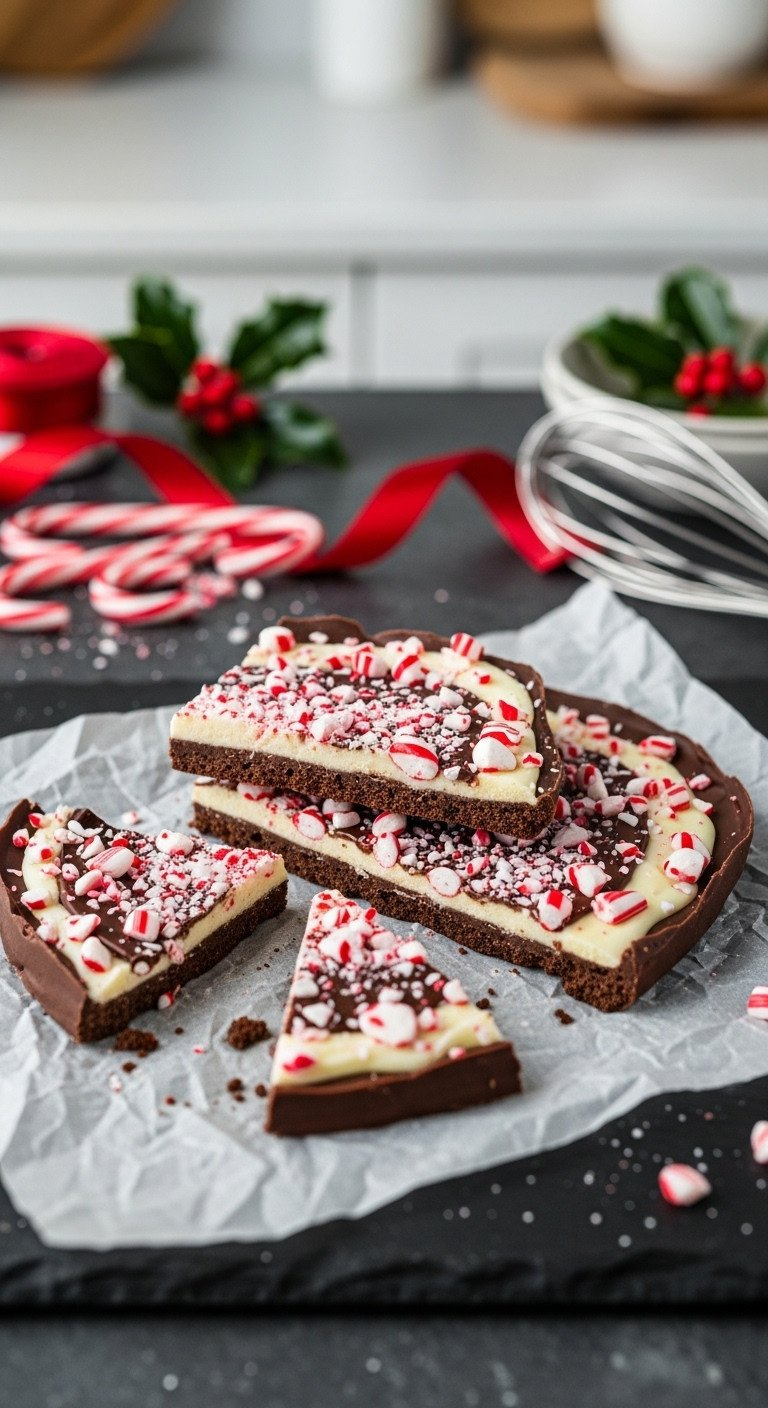 A Top-Down View Of Peppermint Bark With Dark And White Chocolate Layers, Topped With Crushed Candy Canes On Parchment Paper.