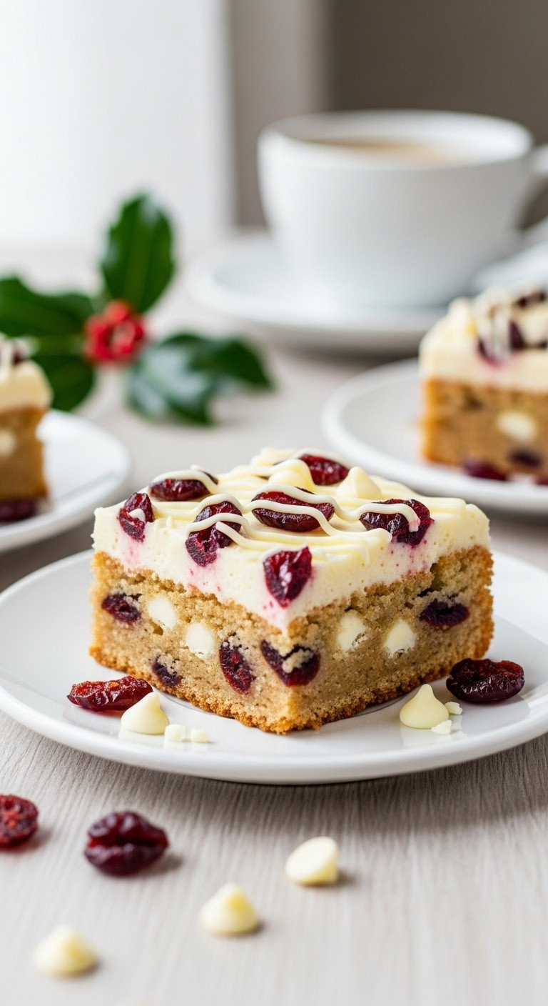 A Triangular Cranberry Bliss Bar With Cream Cheese Frosting And White Chocolate Drizzle On An Elegant White Plate.