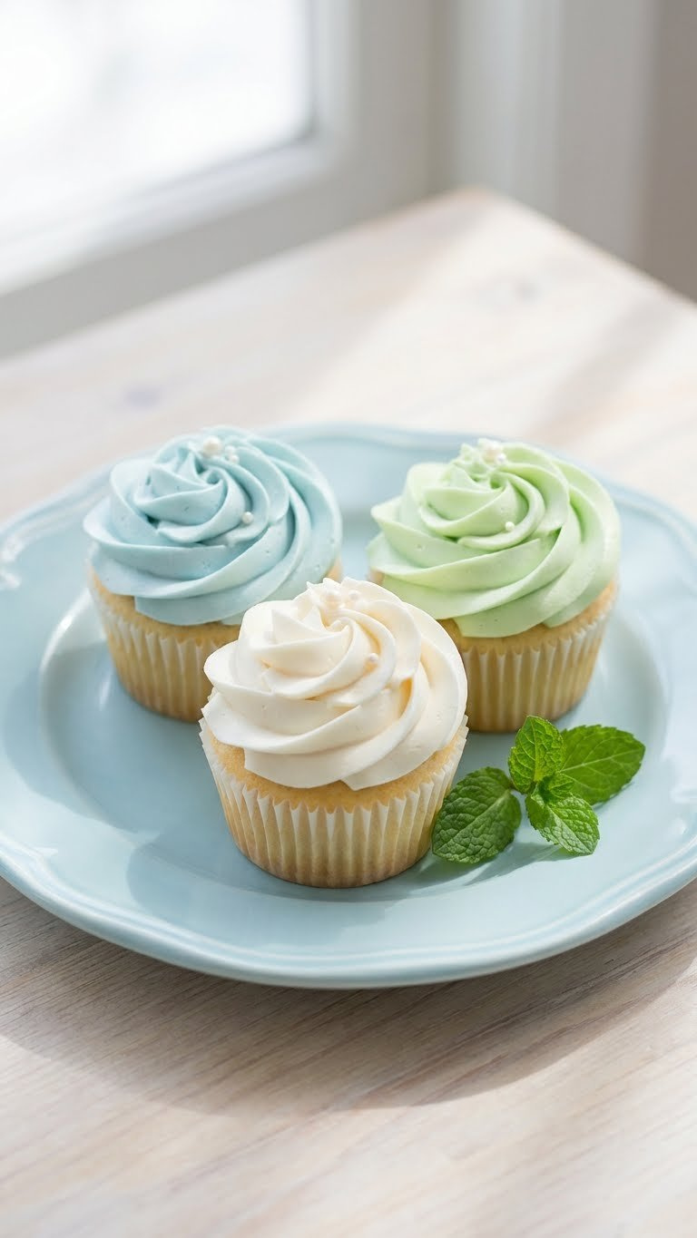 A Trio Of Elegant Cupcakes With Delicate Pastel Rosette Buttercream Frosting, Served On A Light Blue Vintage Plate With Mint Leaves.