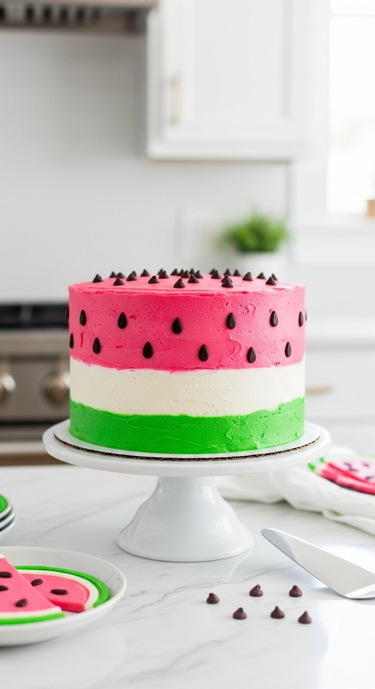 A Vibrant Pink And Green Watermelon-Themed Birthday Cake With Chocolate Seeds On A White Cake Stand.