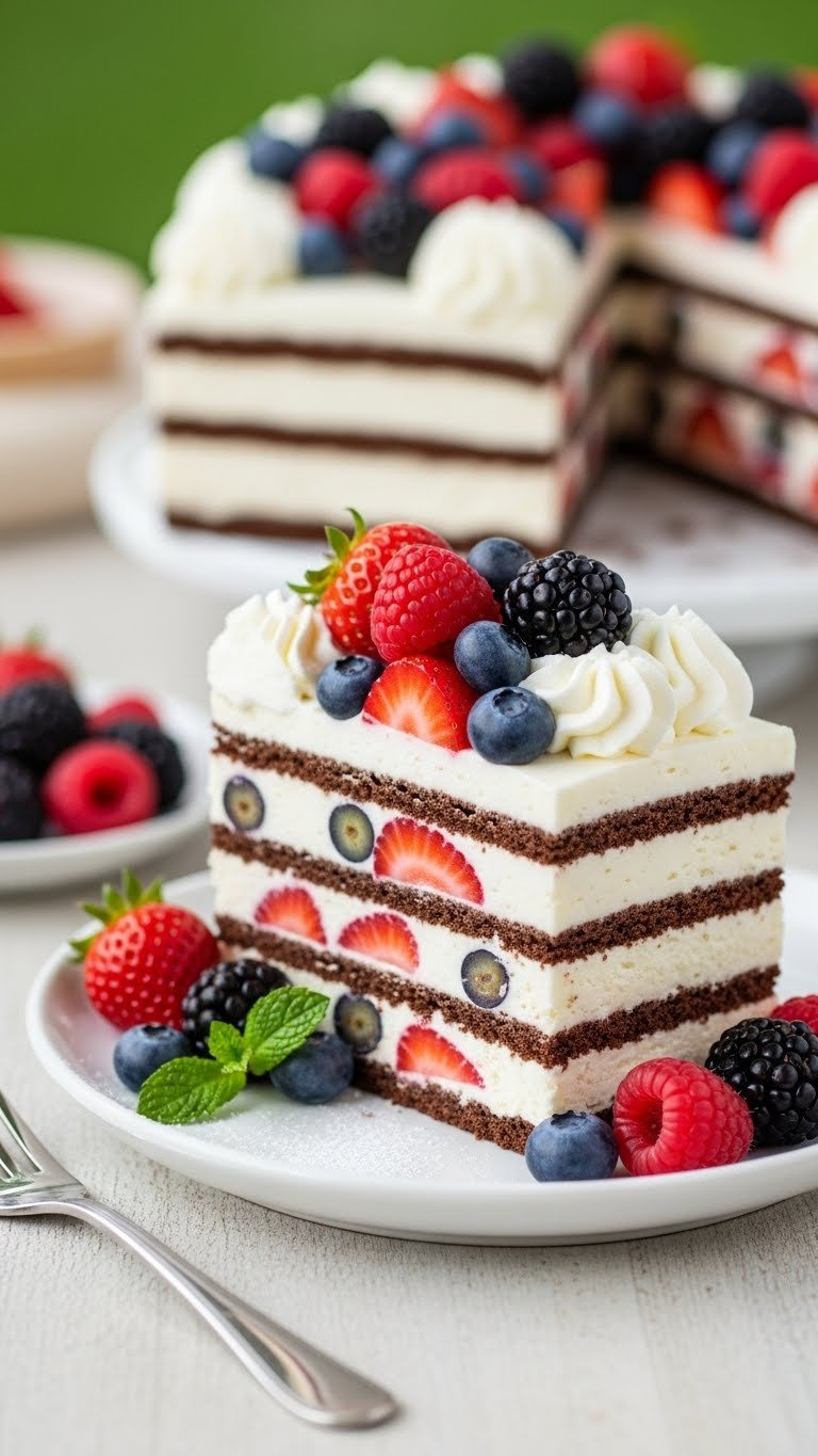 A Vibrant Slice Of No-Bake Berry Icebox Cake With Layered Chocolate Wafers, Whipped Cream, Fresh Mixed Berries, Mint, And Powdered Sugar.