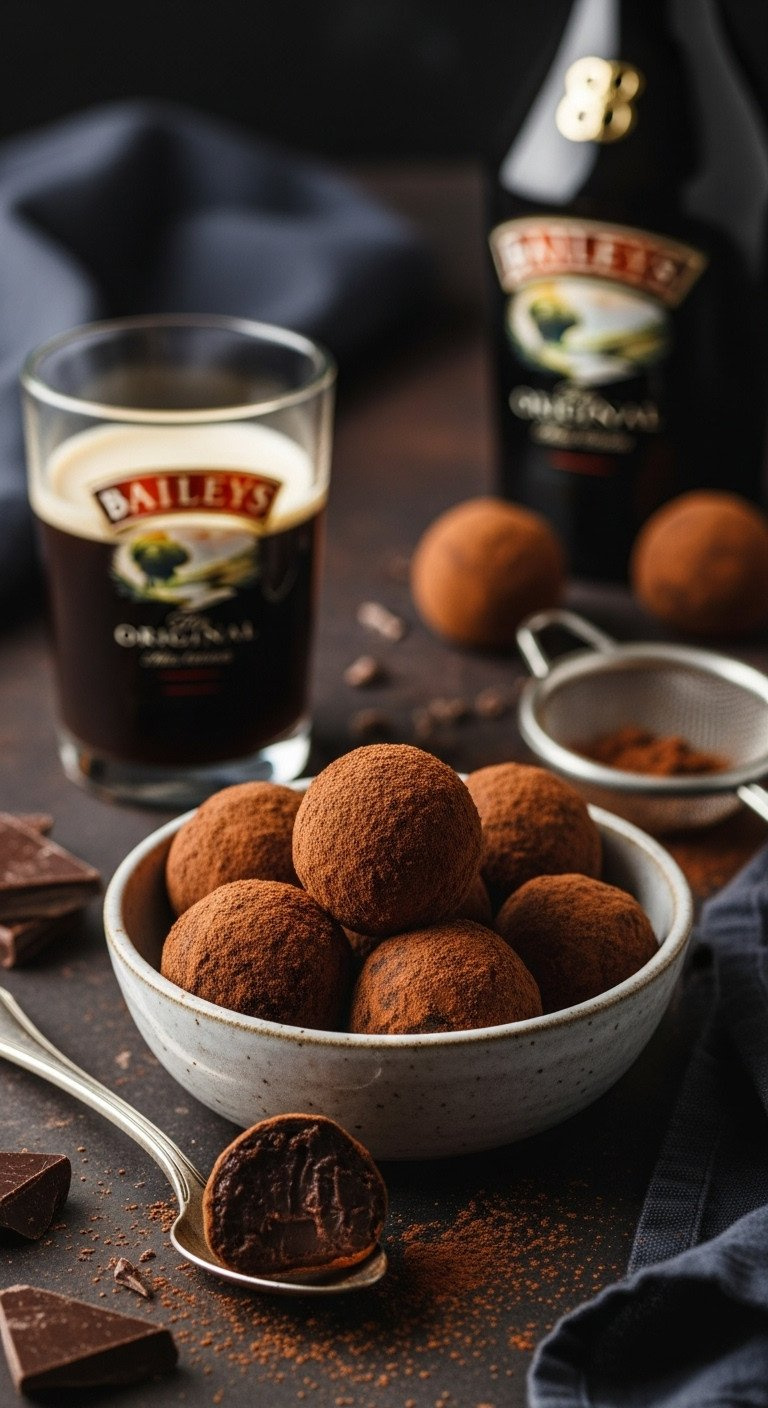 A Vintage Ceramic Bowl Filled With Rich Dark Chocolate Truffles, Some Plain And Others Dusted With Cocoa Powder.