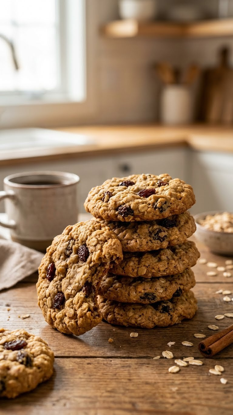A Warm Stack Of Golden-Brown Oatmeal Raisin Cookies With Visible Oats And Plump Raisins, Served On A Rustic Table With Tea.