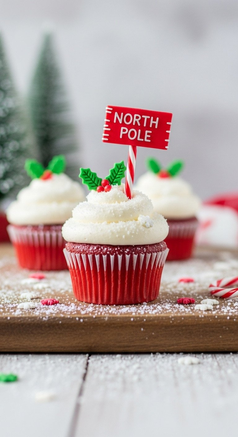 A Whimsical North Pole Cupcake With Sparkling White Frosting Snow And A Candy Cane Signpost On A Rustic Wooden Board.