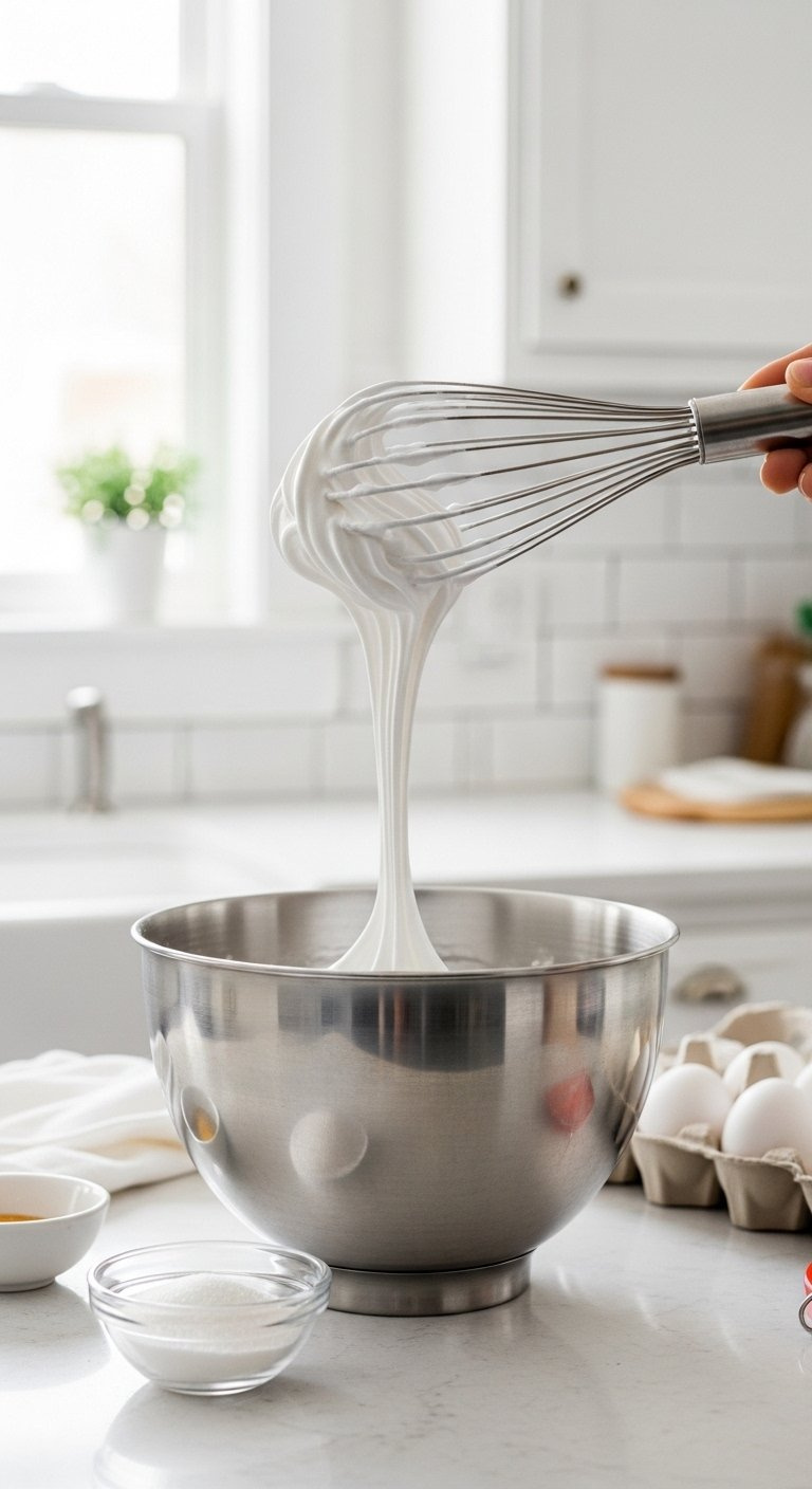 A Whisk Lifts Glossy Soft Peak Meringue From A Stainless Steel Mixing Bowl In A Bright, Clean Kitchen Setting.