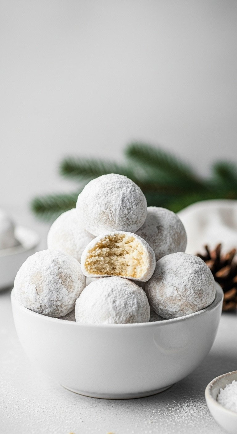 A White Bowl Filled With Dairy-Free Snowball Cookies Coated In Powdered Sugar, With One Broken To Show The Crumbly Inside.