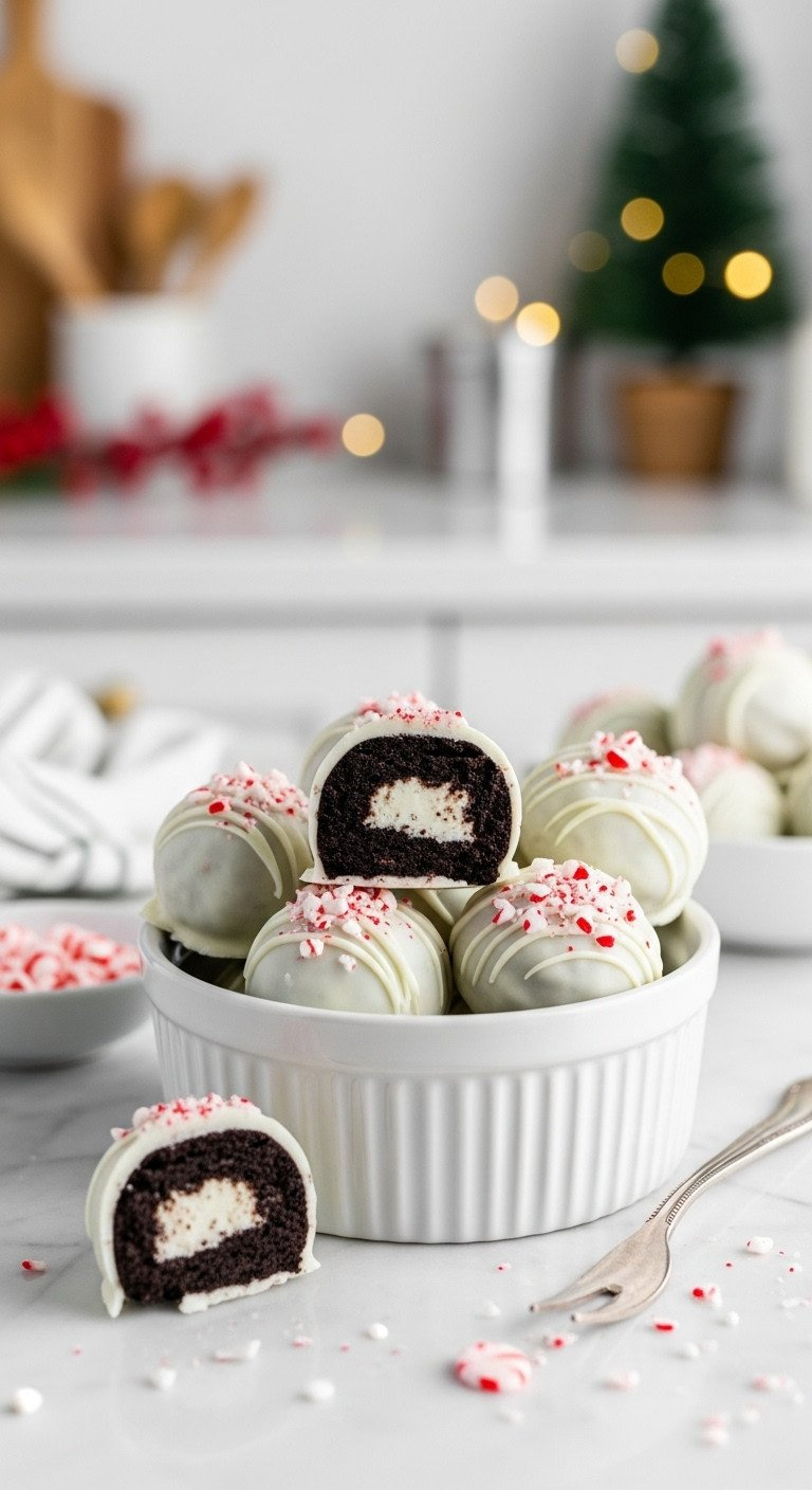 A White Bowl Of Peppermint Oreo Truffles Dipped In White Chocolate, One Cut To Show The Dark Oreo Cookie Center.