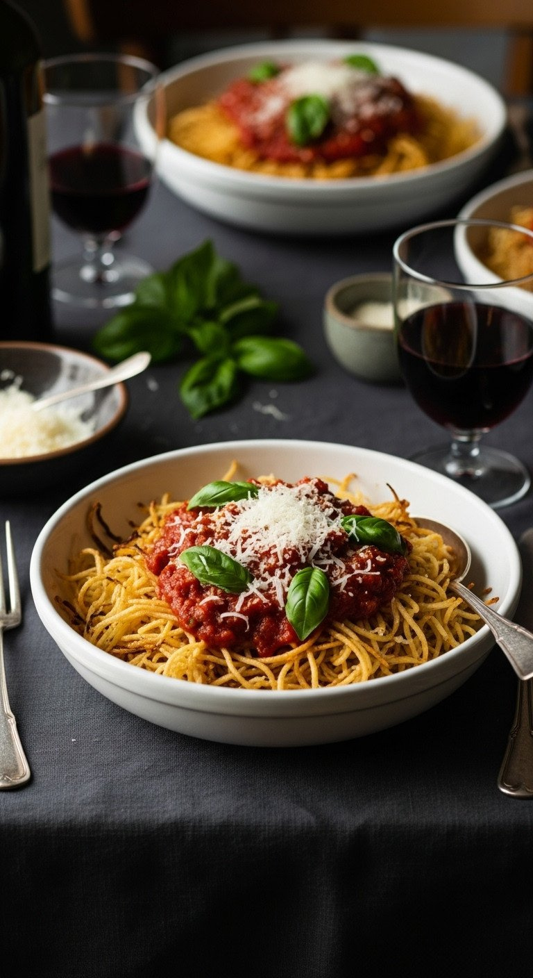 A White Ceramic Bowl Of Spaghetti Squash With Marinara Sauce, Fresh Basil, And Grated Parmesan For A Healthy Meal.