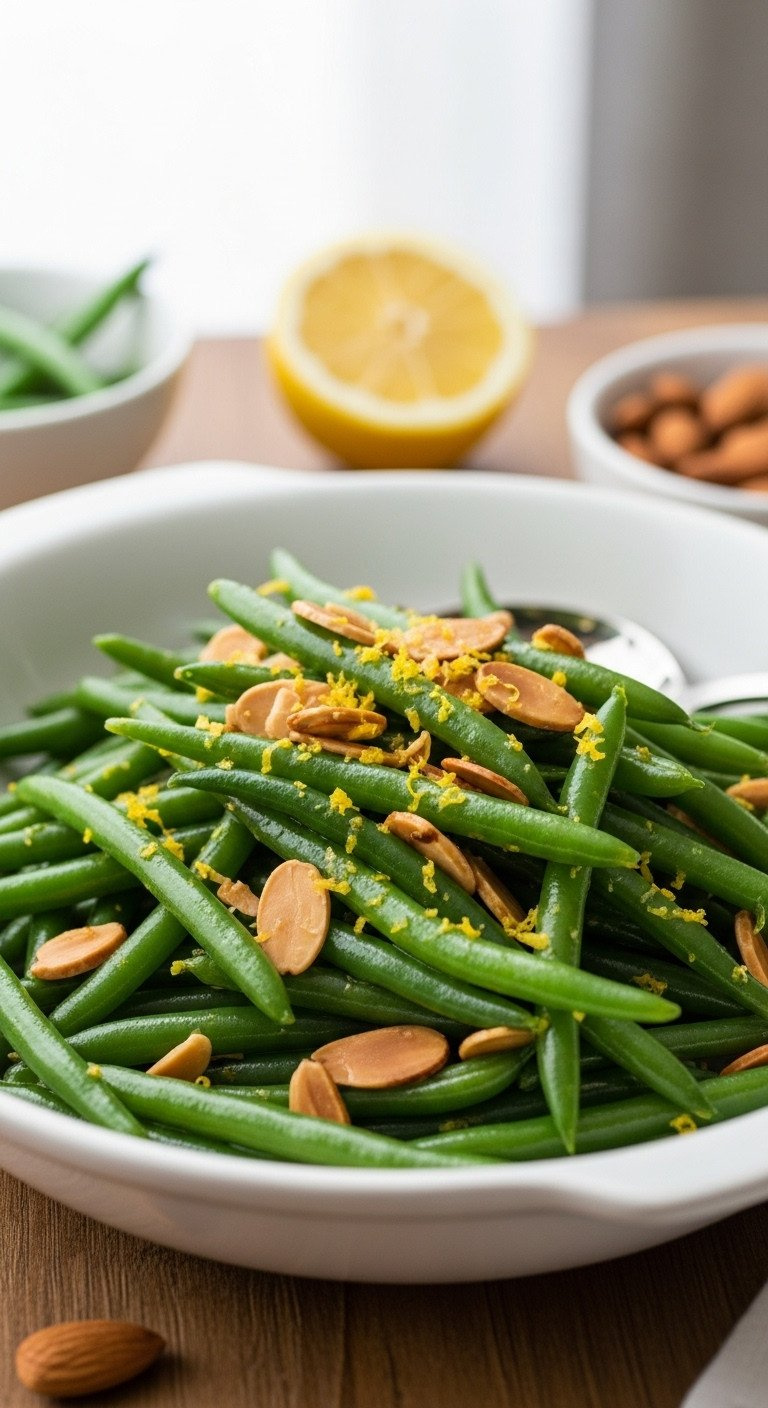 A White Serving Bowl Of Crisp Green Beans Tossed With Toasted Sliced Almonds And Fresh Yellow Lemon Zest.