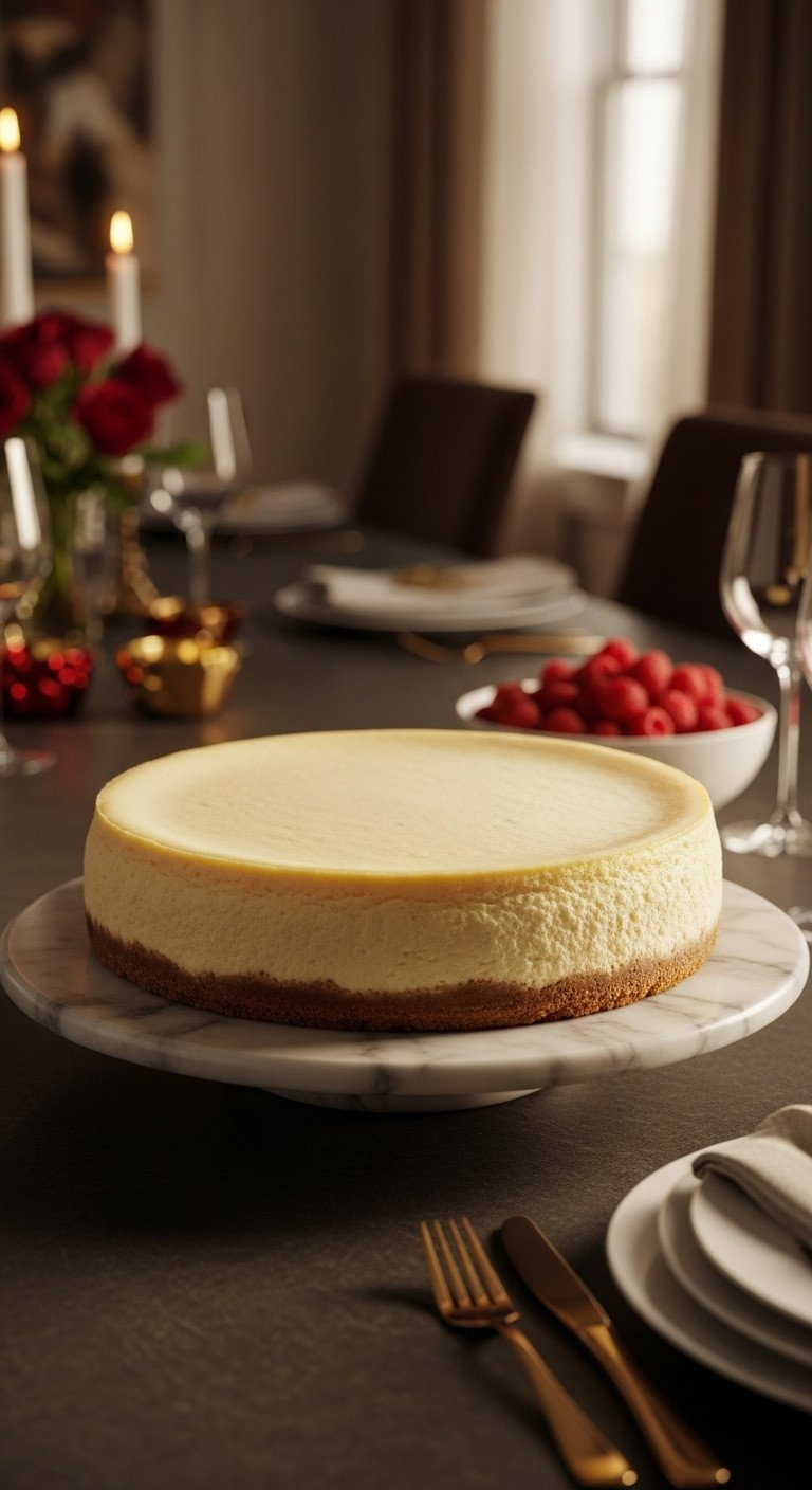 A Whole New York-Style Cheesecake With A Graham Cracker Crust Sits On A Marble Cake Stand In A Warm, Elegant Setting.