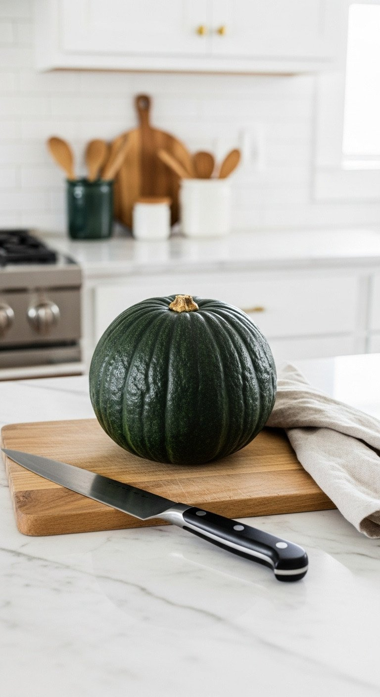 A Whole Dark Green Kabocha Squash And A Chef's Knife On A Wooden Cutting Board, Shot From Above On A White Marble Countertop.