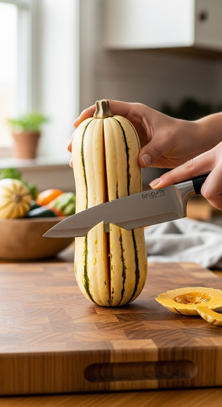 A Whole Delicata Squash Standing On A Wooden Cutting Board With A Chef's Knife Poised To Slice It Vertically In Half.