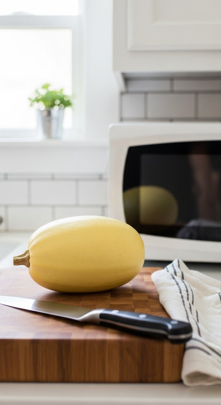 A Whole Yellow Spaghetti Squash On A Wooden Cutting Board Next To A Chef's Knife, Ready For Recipe Preparation.