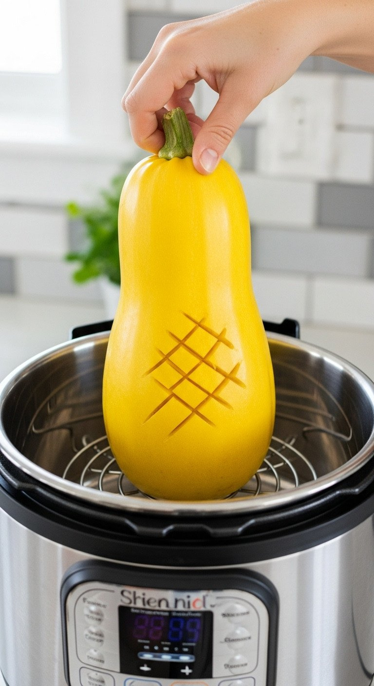 A Whole Yellow Spaghetti Squash Sits On A Metal Trivet Inside A Stainless Steel Instant Pot, Ready For Pressure Cooking.