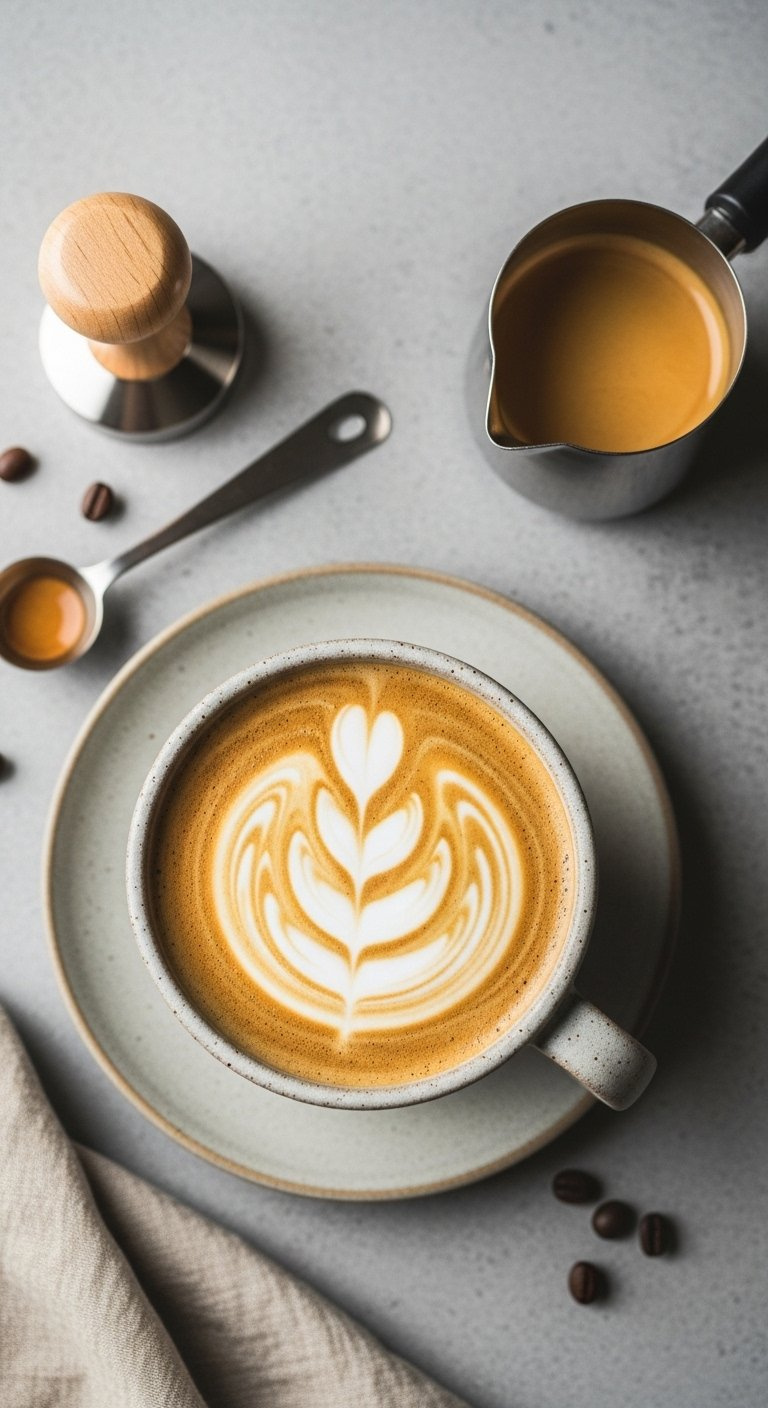 A Wide Ceramic Bowl Of Smooth Caffe Latte With Glossy Microfoam Captured In A Top-Down Flat Lay Photography Style.