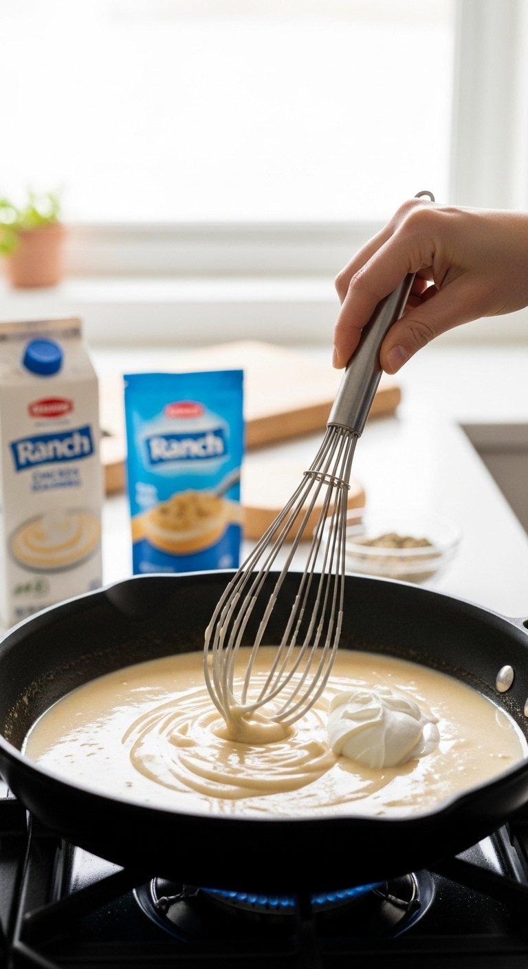 A Wire Whisk Mixes Heavy Cream And Ranch Seasoning Into A Smooth Sauce In A Cast-Iron Skillet.
