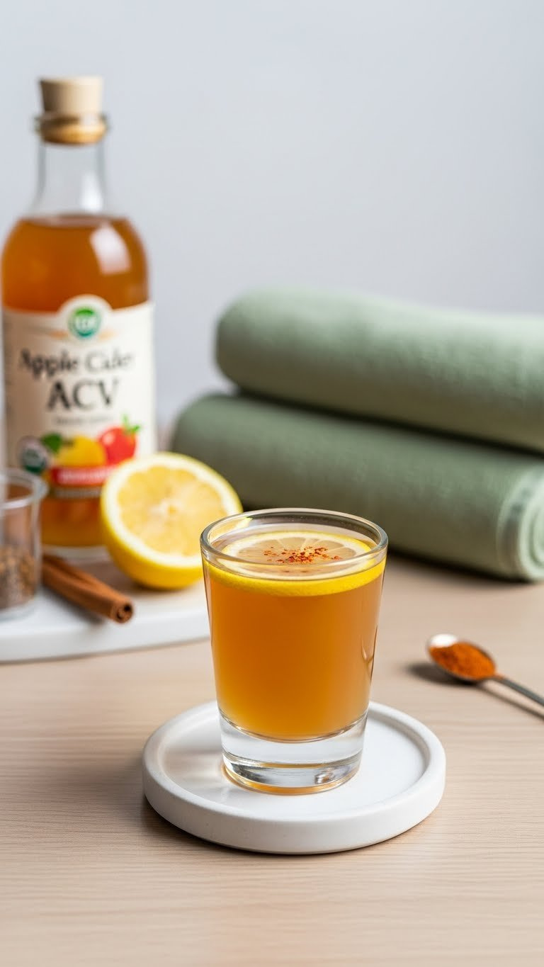 Acv Health Shot In Small Glass With Lemon Slice And Cayenne Pepper Floating On White Ceramic Coaster