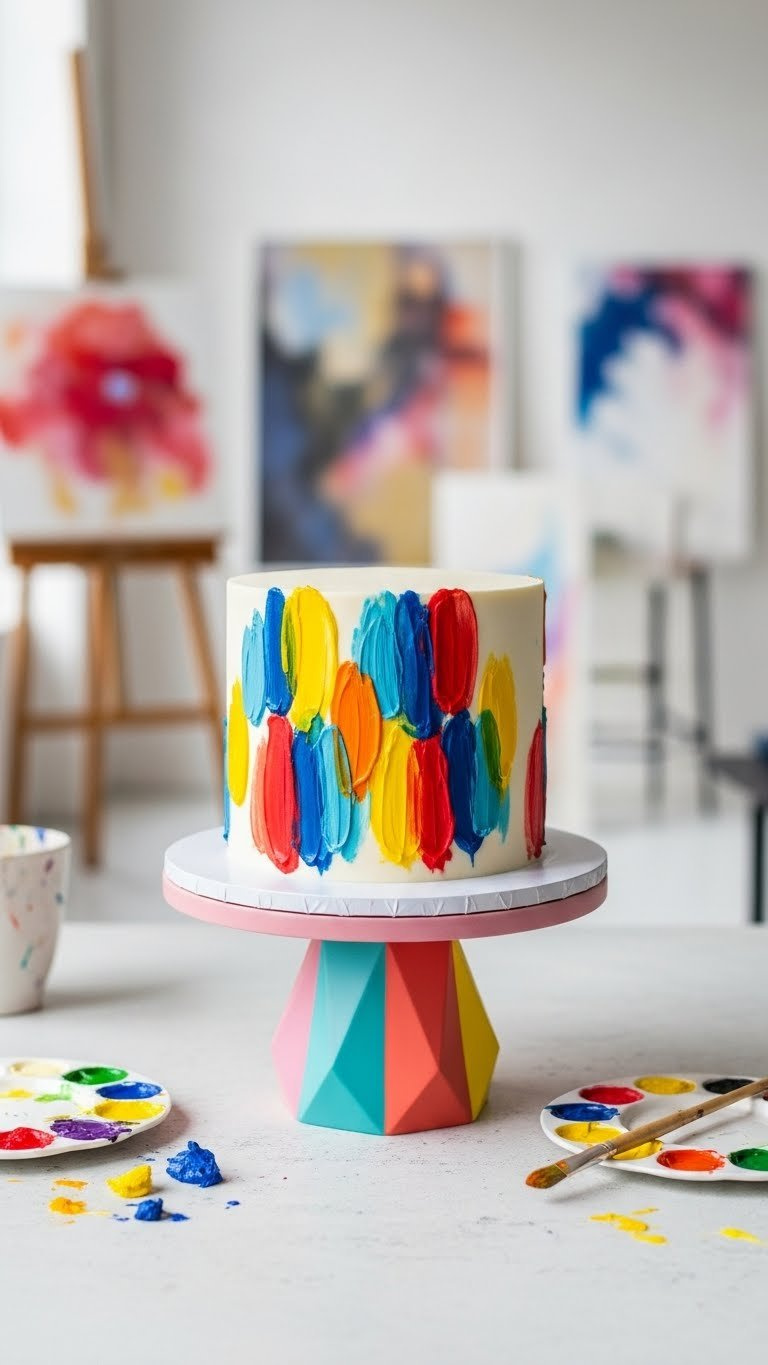 Abstract Painted Cake On Geometric Cake Stand With Edible Paint Palette And Brush In Art Studio