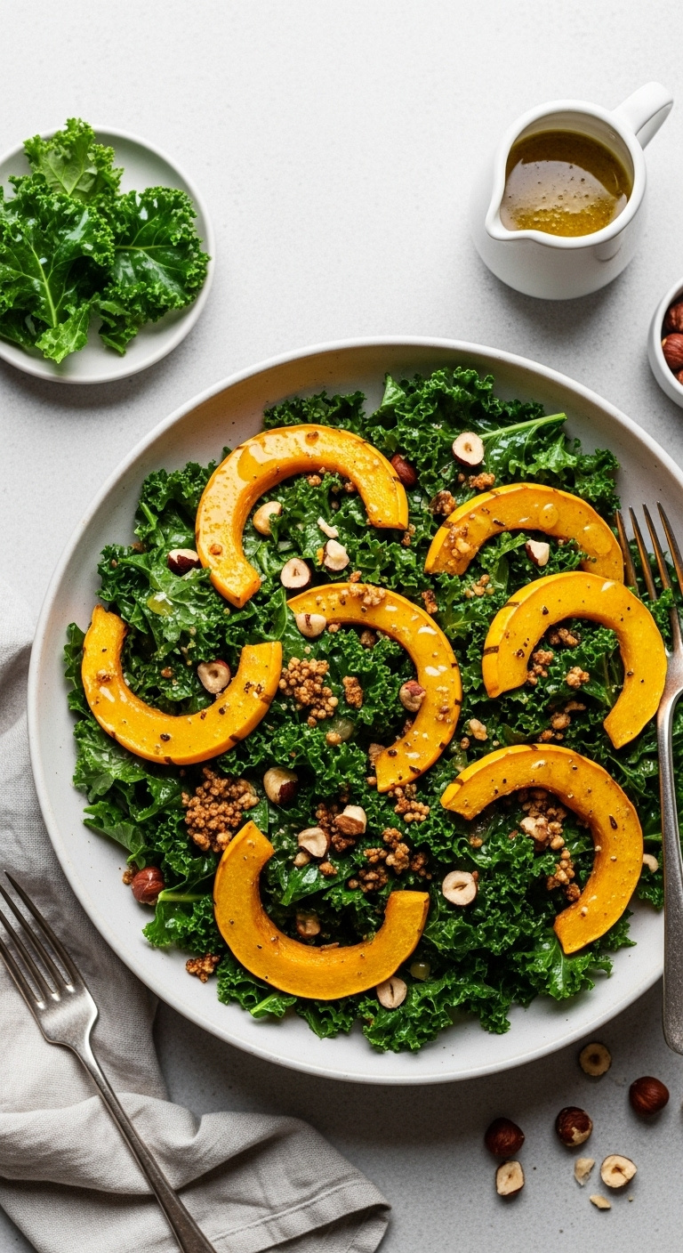 Abundant Roasted Delicata Squash And Kale Salad With Hazelnut-Parmesan Crumble And Vinaigrette In A Wide Bowl On A Light Gray Linen Background