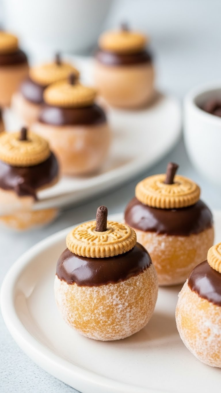 Acorn-Shaped Donut Hole Treats Dipped In Chocolate Glaze With Cookie Accents In Fall Dessert Presentation