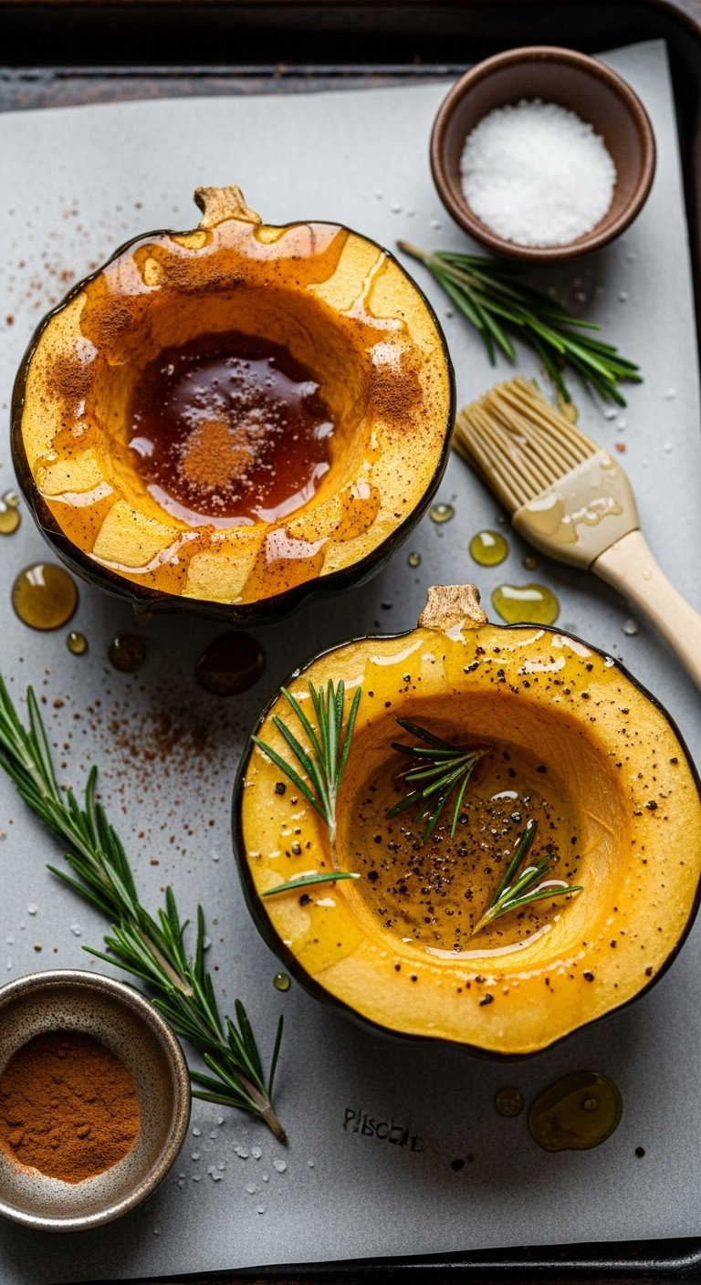 Acorn Squash Halves On A Baking Sheet Seasoned For Roasting; One Sweet With Maple Syrup, One Savory With Olive Oil And Rosemary.
